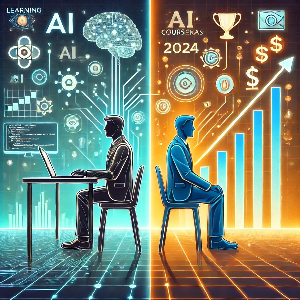 plit-screen illustration for the article 'AI Courses That Can Boost Your Income in 2024,' depicting the journey from learning AI to career success. The left side shows a stylized human silhouette sitting at a desk with a laptop, surrounded by holographic projections of AI-related icons such as neural networks, code snippets, and logos of learning platforms like Coursera, Google, and Udacity. The right side illustrates the same figure standing confidently with a rising graph symbolizing career growth, along with projections of money symbols, career advancement icons like a briefcase and award, and the year '2024.' The color scheme transitions from cool blues and teals to warm oranges and golds, with a subtle digital grid background suggesting ascension and progress