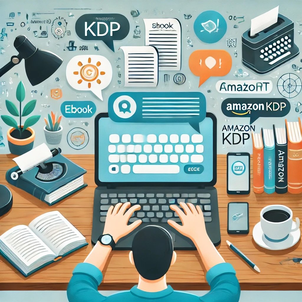  Make money with chatgpt. An illustration of a person sitting at a desk with a laptop displaying ChatGPT's interface. The surroundings include books, a coffee cup, and papers, representing a creative workspace. Visual elements like 'Amazon KDP' icons and eBook-related imagery highlight tools for writing and publishing. The overall setting conveys productivity and digital assistance, suitable for an author working on an eBook