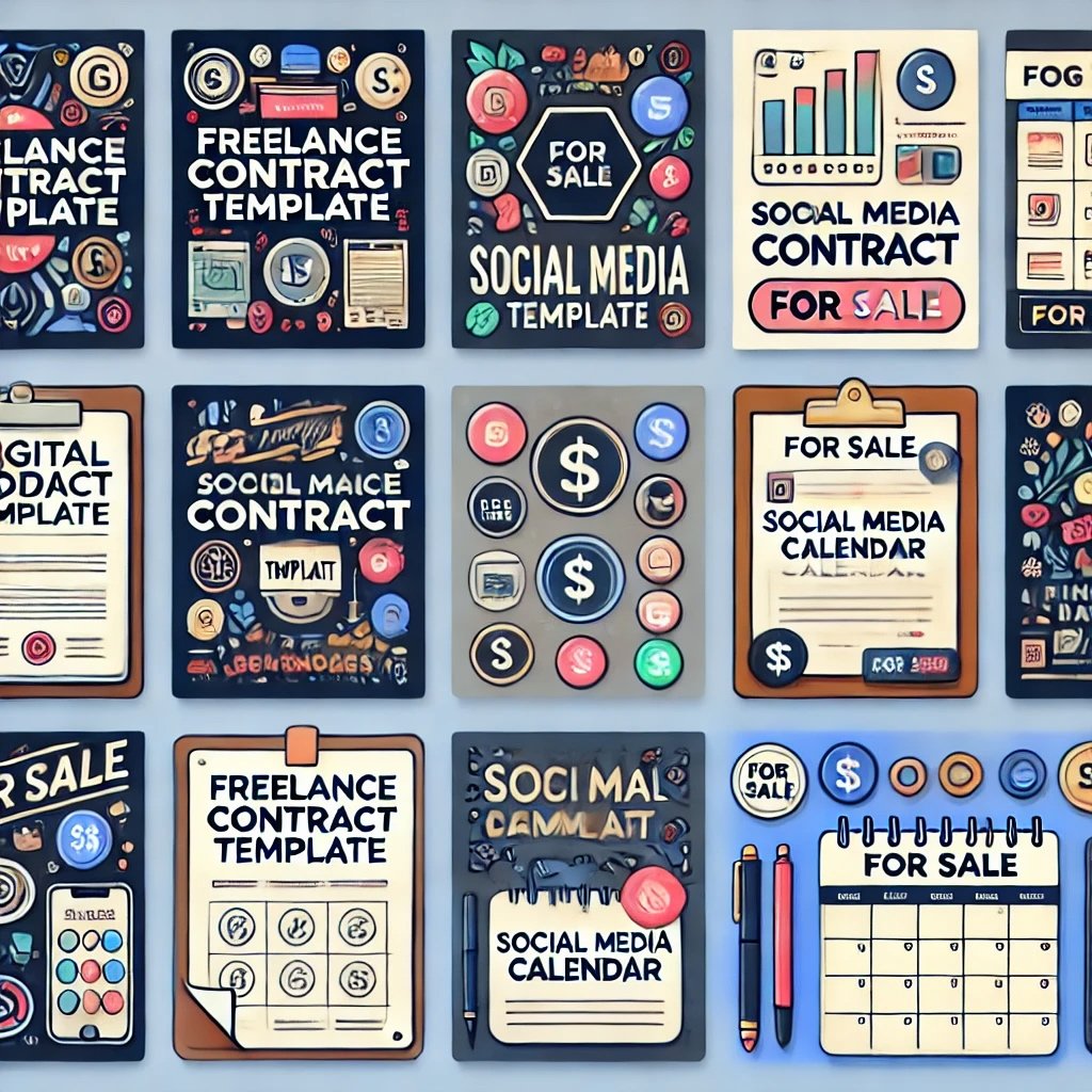 Make money with chat gpt A collage of various digital product templates, including freelance contract templates, social media calendars, and digital product worksheets. Each template is labeled with tags like 'Freelance Contract Template,' 'Social Media Calendar,' and 'For Sale,' emphasizing that these templates are monetized digital products. The layout is visually organized, featuring icons such as dollar signs and charts, highlighting the diversity of digital products available for purchase.