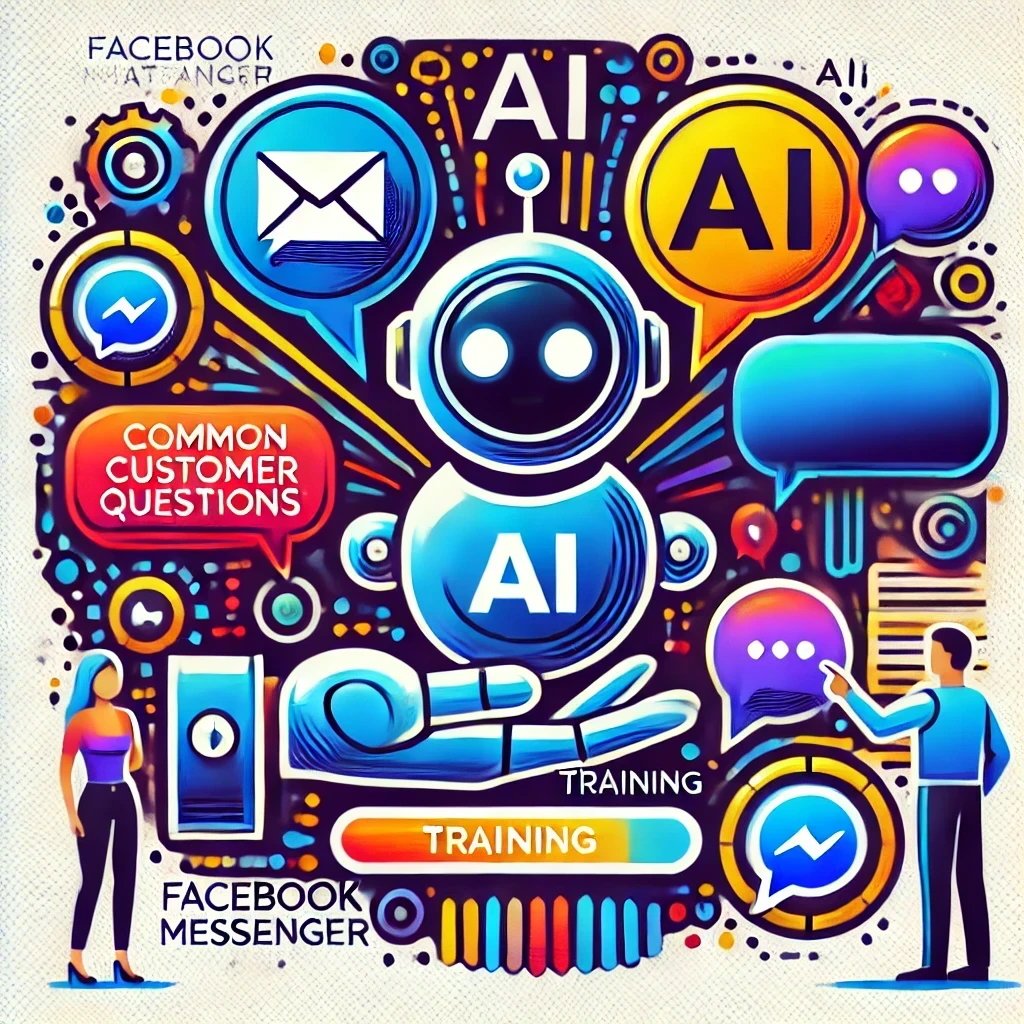 Make money with ChatGPT. An abstract illustration of a chatbot being trained, with visual elements like speech bubbles, customer questions, and AI responses. Icons for platforms like Facebook Messenger are present, emphasizing chatbot deployment. The image includes labels such as 'Common Customer Questions' and 'Training,' highlighting the process of creating and training AI chatbots for customer interaction.