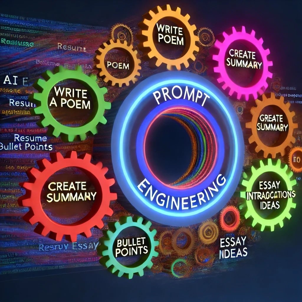 An abstract illustration representing prompt engineering, featuring colorful gears and cogs labeled with different creative tasks such as 'Write a Poem,' 'Create Summary,' and 'Bullet Points.' At the center, the phrase 'Prompt Engineering' is highlighted, symbolizing the role of prompts in driving AI processes. The overall design is dynamic, emphasizing creativity and the variety of outputs generated by AI. Make money with ChatGPT