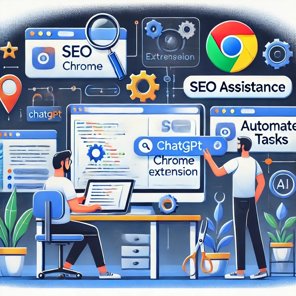 An illustration depicting two individuals working on building a Chrome extension with the assistance of ChatGPT. The scene includes computer screens displaying code, the ChatGPT interface, and visual elements representing Chrome extensions, such as browser icons and gears. Labels like 'SEO Assistance' and 'Automate Tasks' emphasize the purpose of the extension. The workspace is productive and tech-savvy, highlighting the use of AI in developing simple Chrome tools.